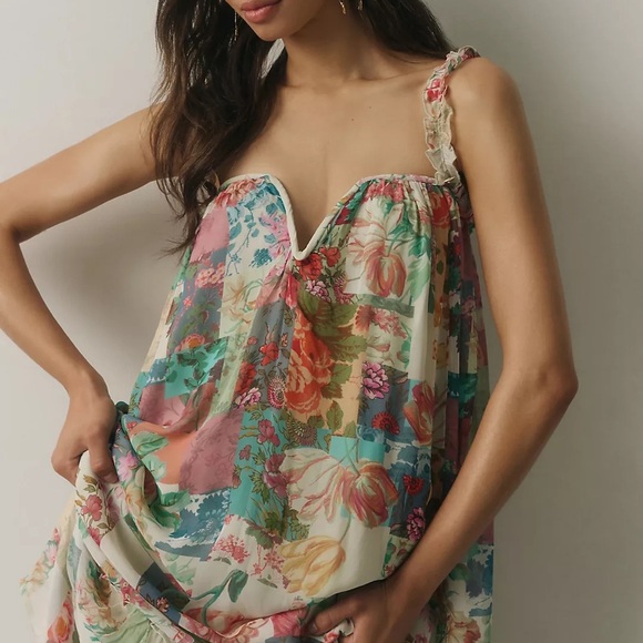 Anthropologie Chiffon Shift Midi Dress Boho Floral Ruffle Wire Neckline Flowy XL - Picture 3 of 15